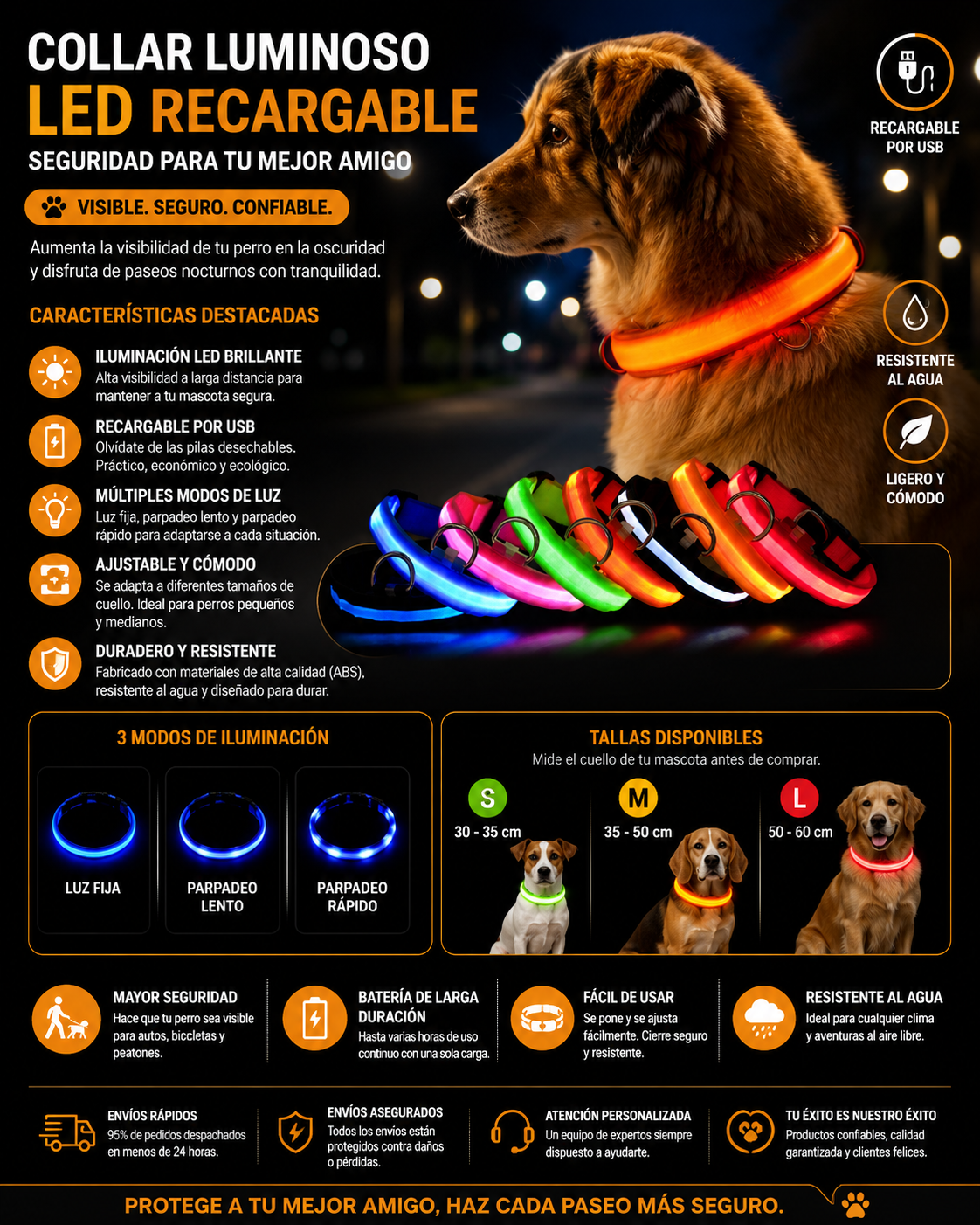NightGlow – Collar LED Recargable para Perros | Seguridad y Visibilidad Nocturna