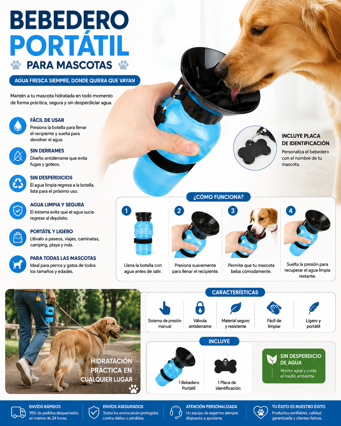 AquaGo – Bebedero Portátil Antiderrame para Perros y Mascotas
