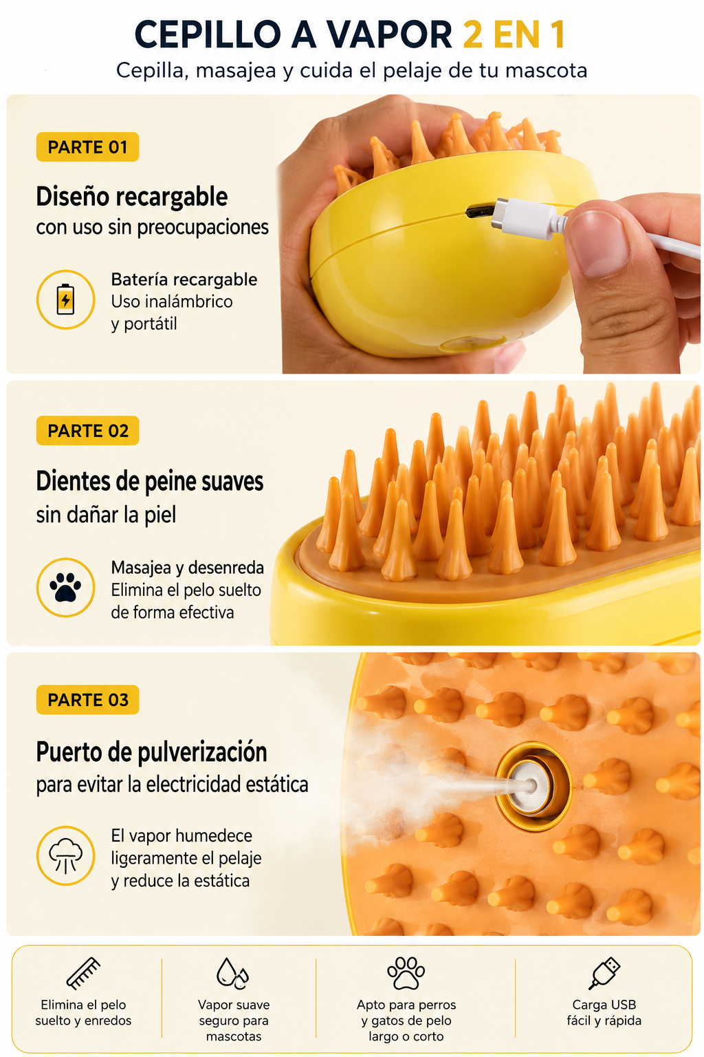 SteamCare – Cepillo a Vapor 2 en 1 para Perros y Gatos | Masaje y Eliminación de Pelo