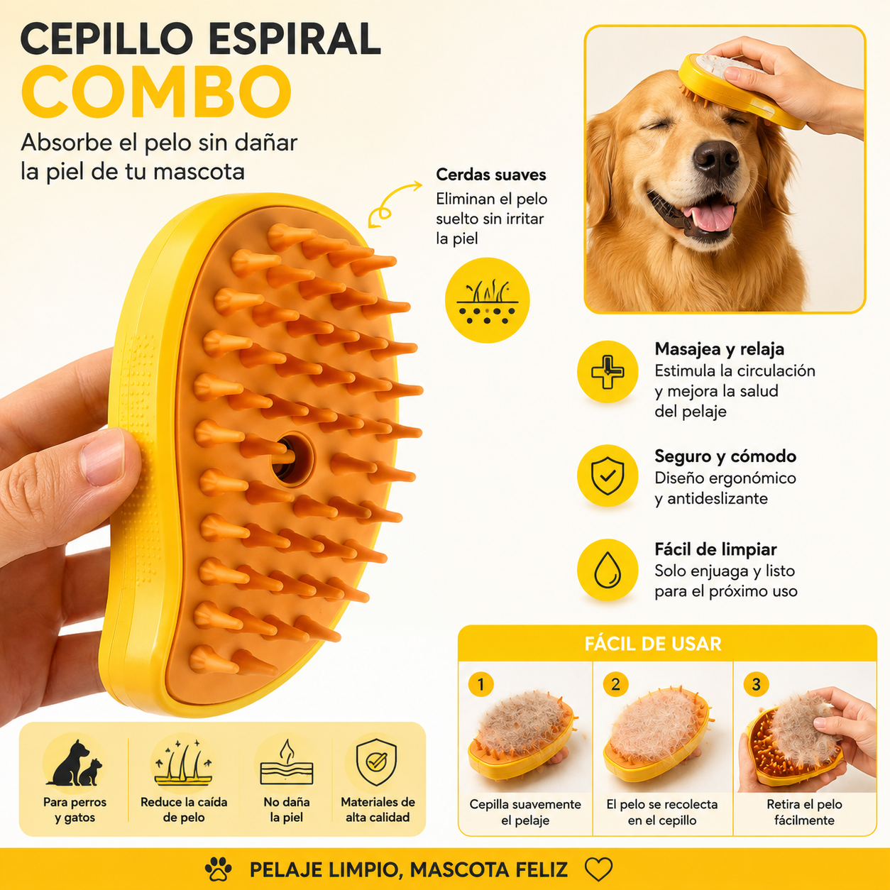 SteamCare – Cepillo a Vapor 2 en 1 para Perros y Gatos | Masaje y Eliminación de Pelo