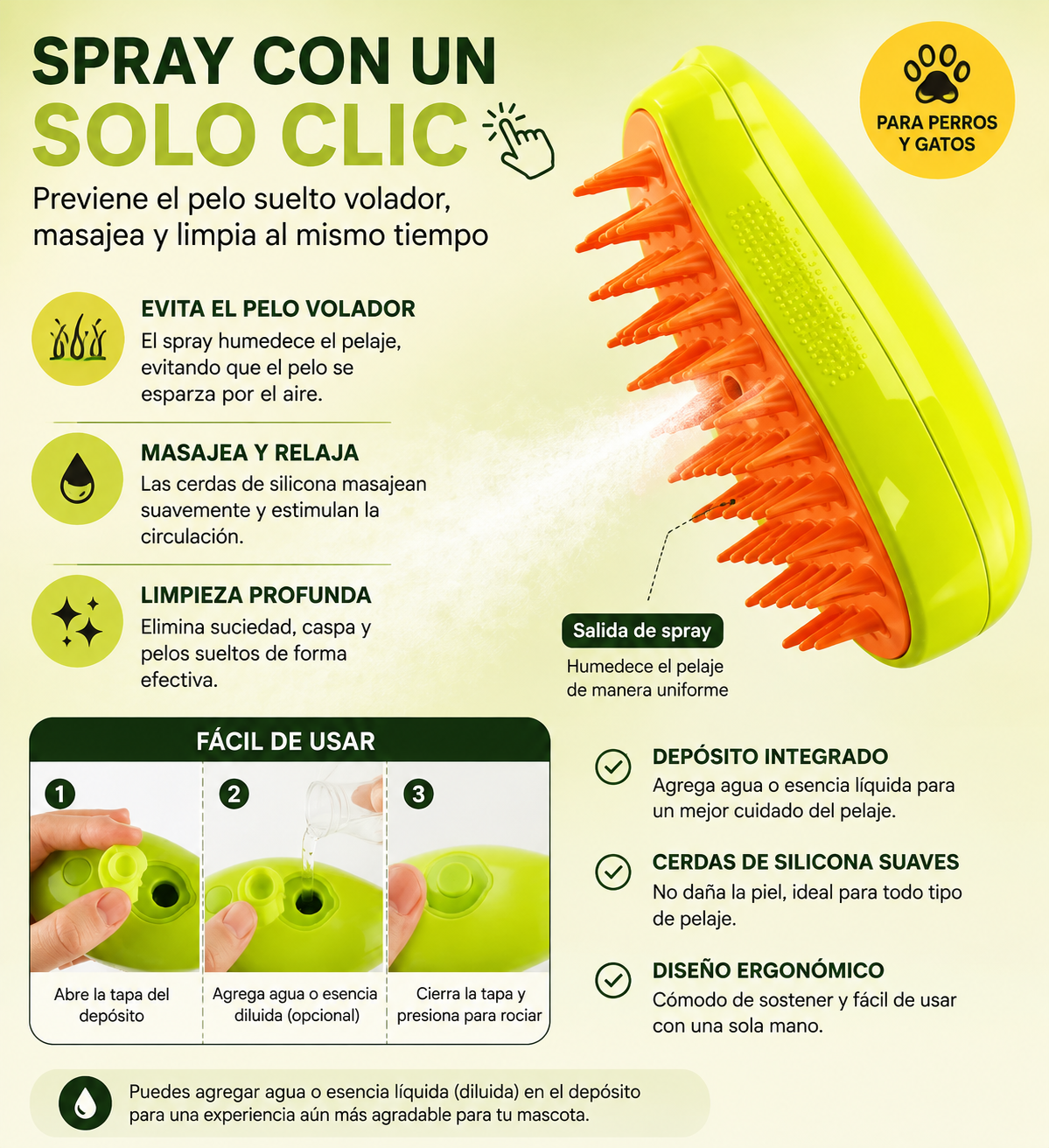 SteamCare – Cepillo a Vapor 2 en 1 para Perros y Gatos | Masaje y Eliminación de Pelo